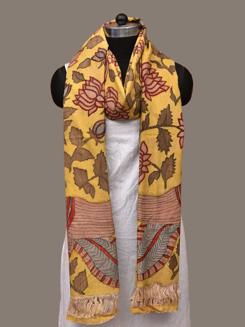 Yellow Kalamkari Hand Painted Cotton Handloom Dupatta with Lotus Flowers Design - Global Threads