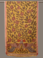 Yellow Kalamkari Hand Painted Cotton Handloom Dupatta with Lotus Flowers Design - Global Threads