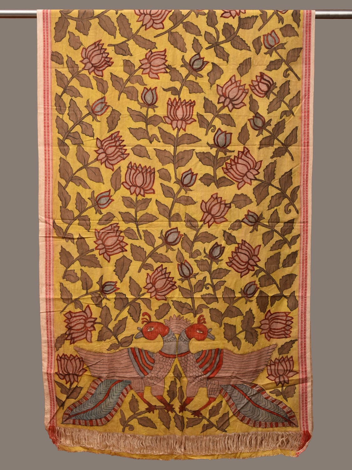 Yellow Kalamkari Hand Painted Cotton Handloom Dupatta with Lotus Flowers Design - Global Threads
