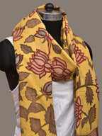 Yellow Kalamkari Hand Painted Cotton Handloom Dupatta with Lotus Flowers Design - Global Threads