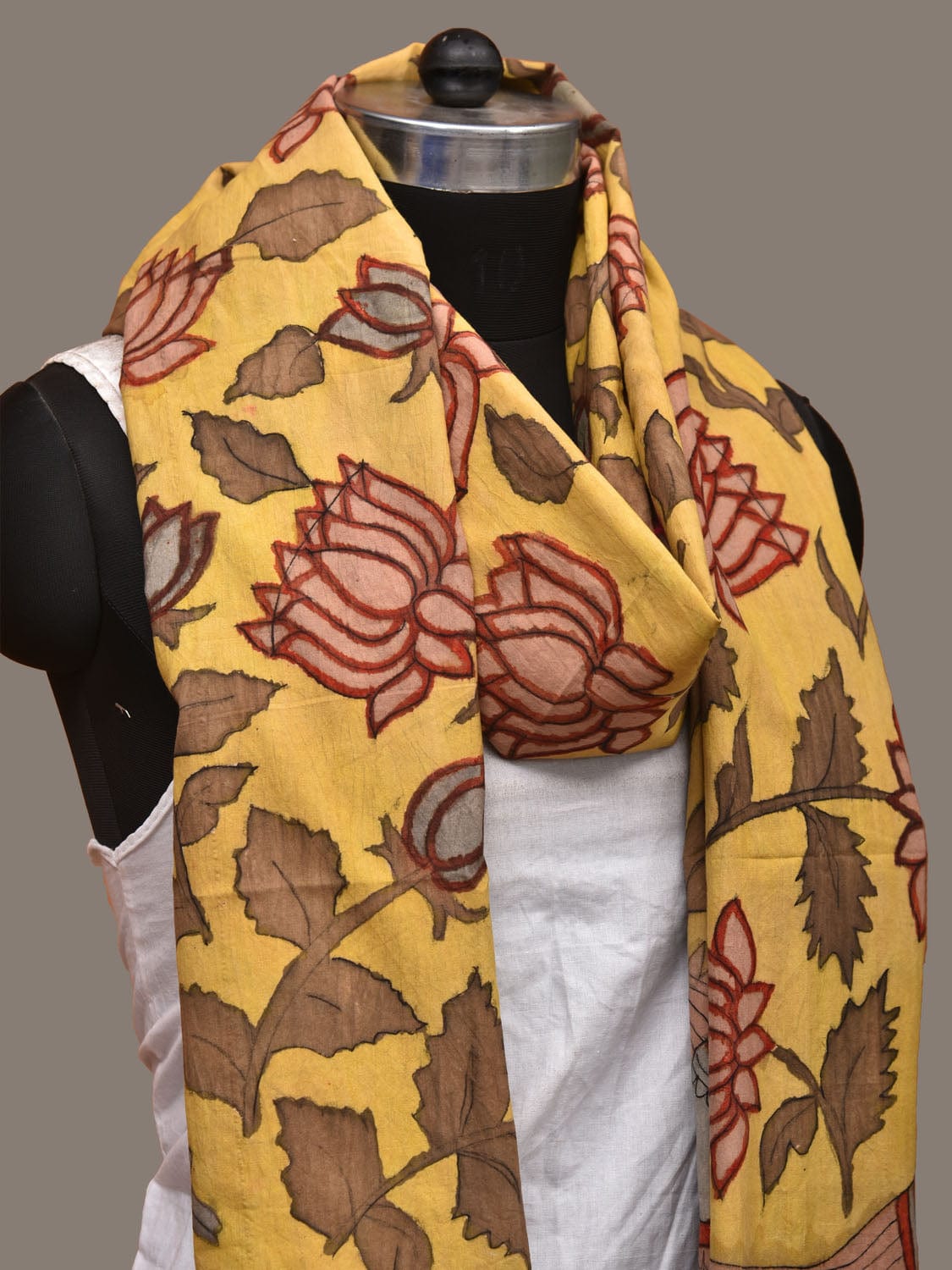 Yellow Kalamkari Hand Painted Cotton Handloom Dupatta with Lotus Flowers Design - Global Threads