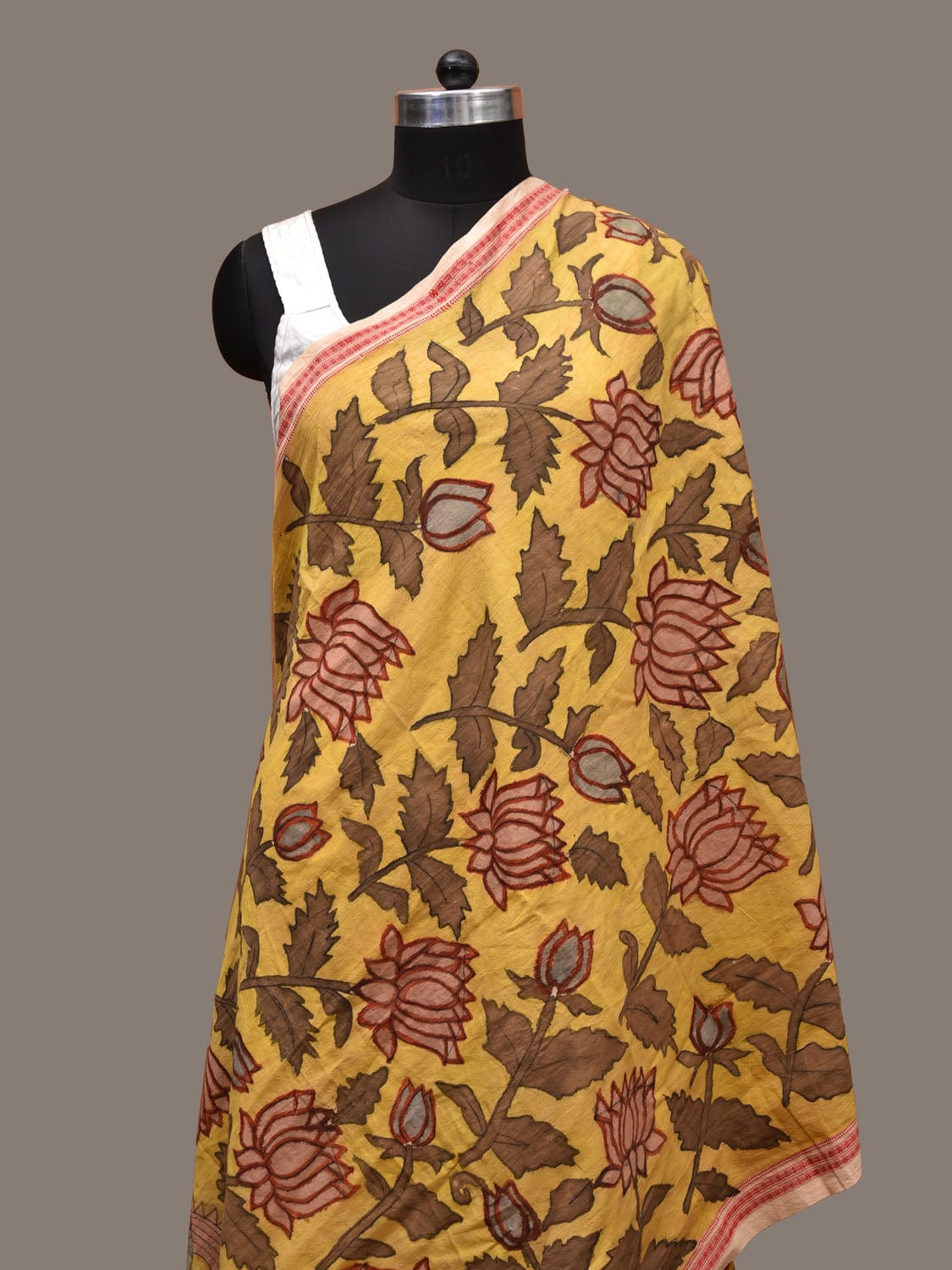 Yellow Kalamkari Hand Painted Cotton Handloom Dupatta with Lotus Flowers Design - Global Threads