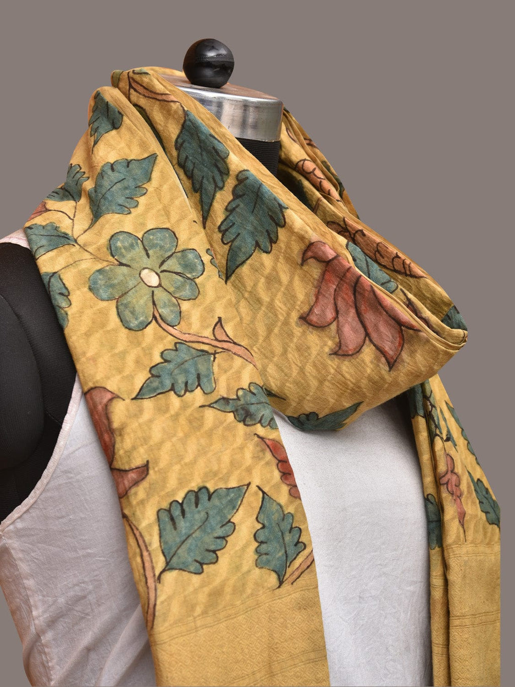 Yellow Kalamkari Hand Painted Cotton Silk Handloom Dupatta with Lotus and Birds Design - Global Threads