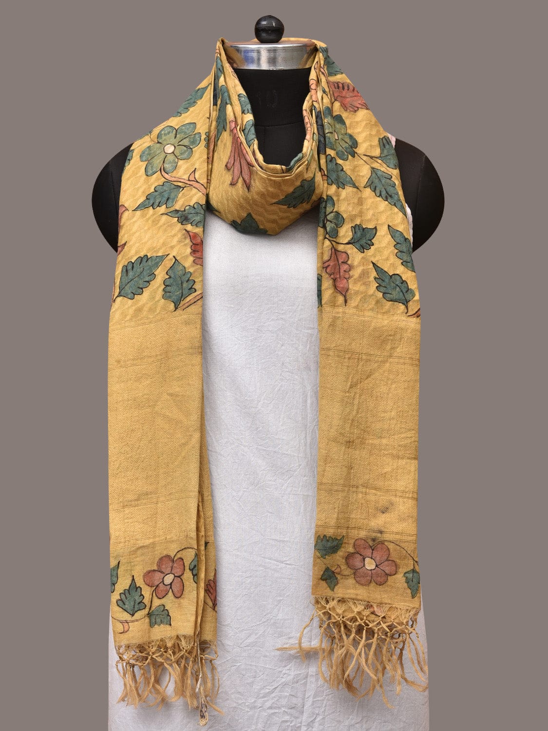 Yellow Kalamkari Hand Painted Cotton Silk Handloom Dupatta with Lotus and Birds Design - Global Threads