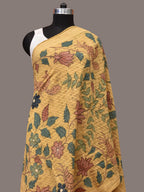 Yellow Kalamkari Hand Painted Cotton Silk Handloom Dupatta with Lotus and Birds Design - Global Threads