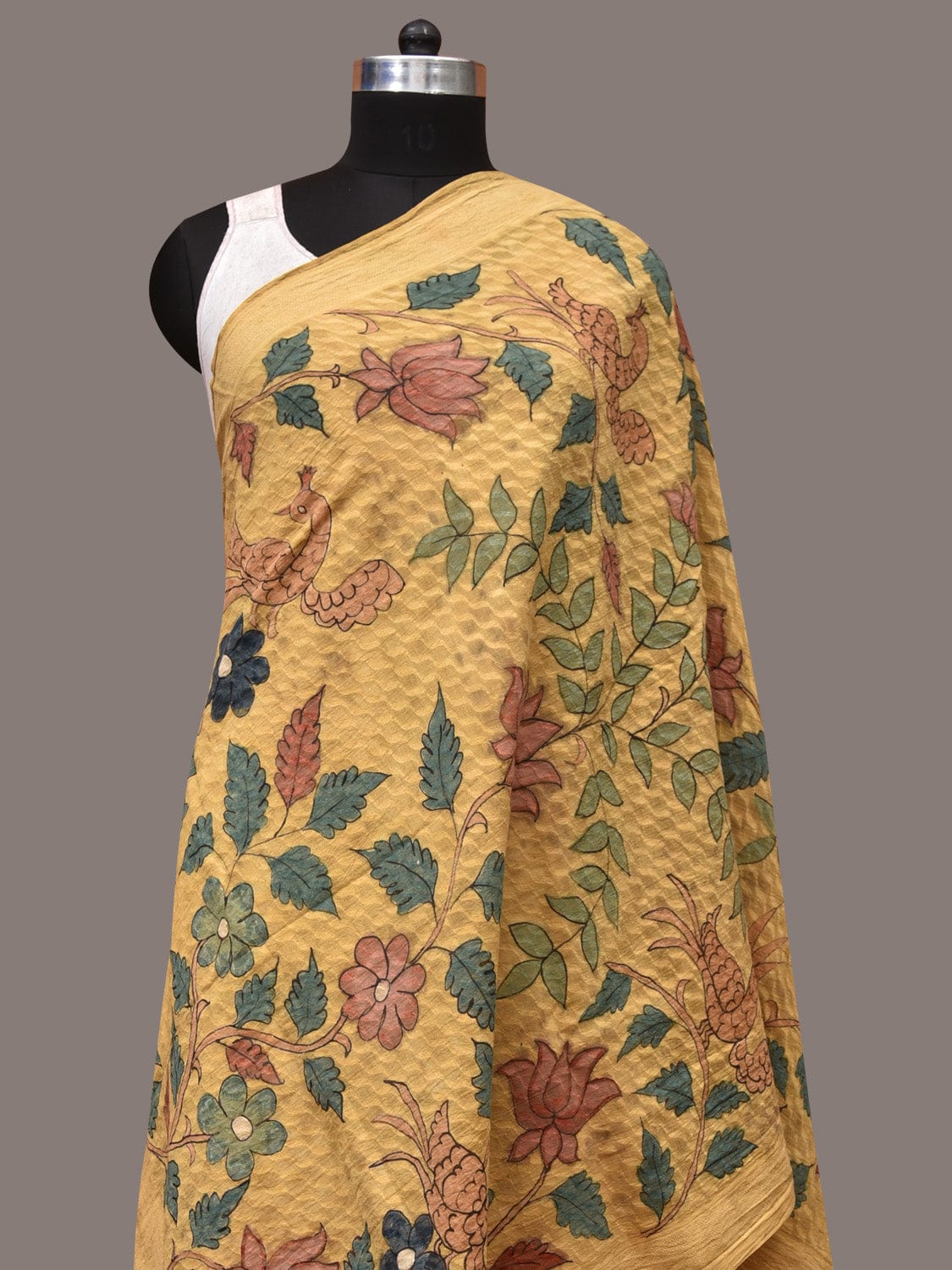 Yellow Kalamkari Hand Painted Cotton Silk Handloom Dupatta with Lotus and Birds Design - Global Threads