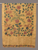 Yellow Kalamkari Hand Painted Cotton Silk Handloom Dupatta with Lotus and Birds Design - Global Threads