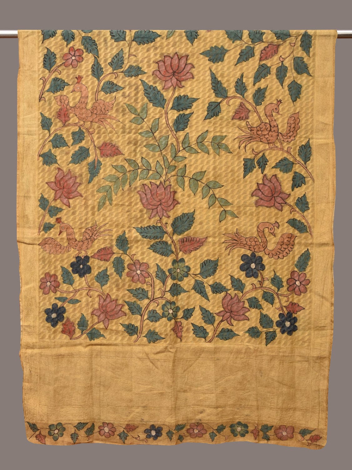 Yellow Kalamkari Hand Painted Cotton Silk Handloom Dupatta with Lotus and Birds Design - Global Threads