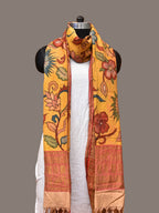 Yellow Kalamkari Hand Painted Kanchipuram Silk Handloom Dupatta with Floral Design - Global Threads