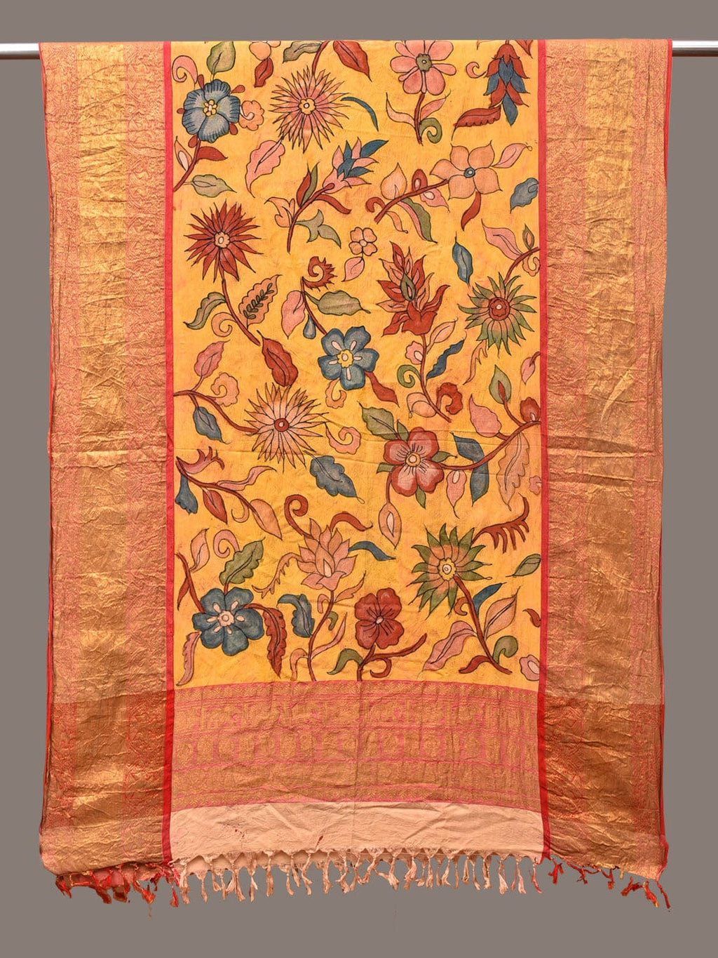 Yellow Kalamkari Hand Painted Kanchipuram Silk Handloom Dupatta with Floral Design - Global Threads
