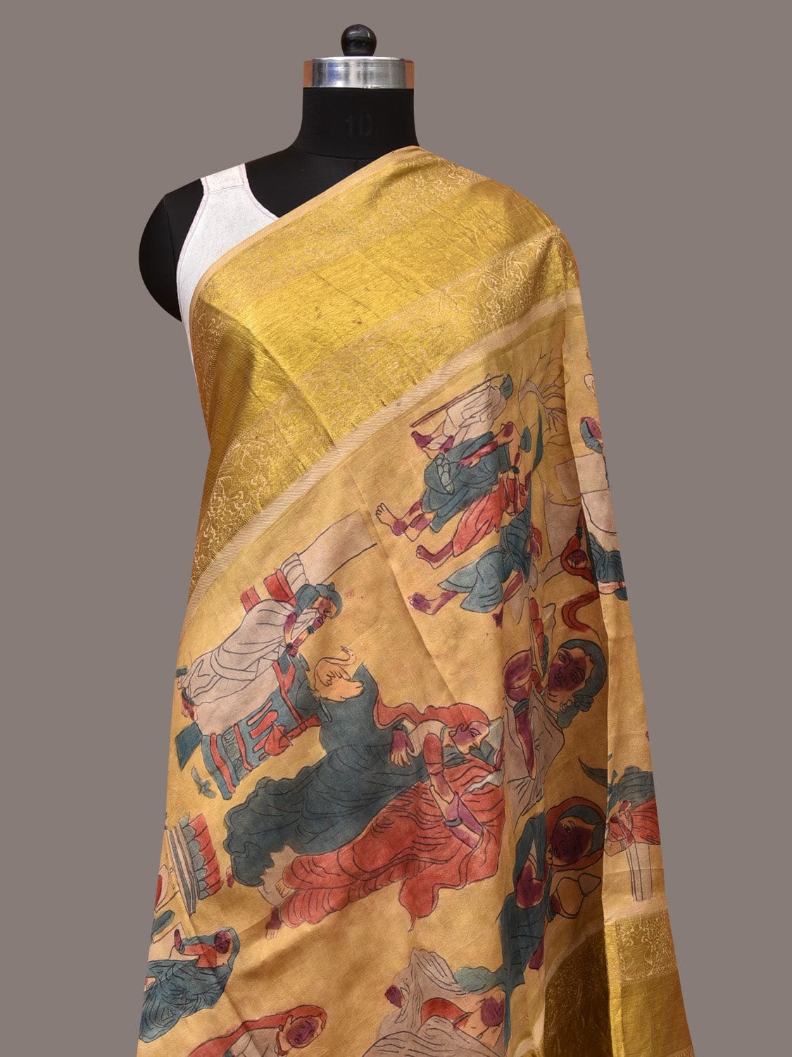 Yellow Kalamkari Hand Painted Kanchipuram Silk Handloom Dupatta with Painting Design - Global Threads
