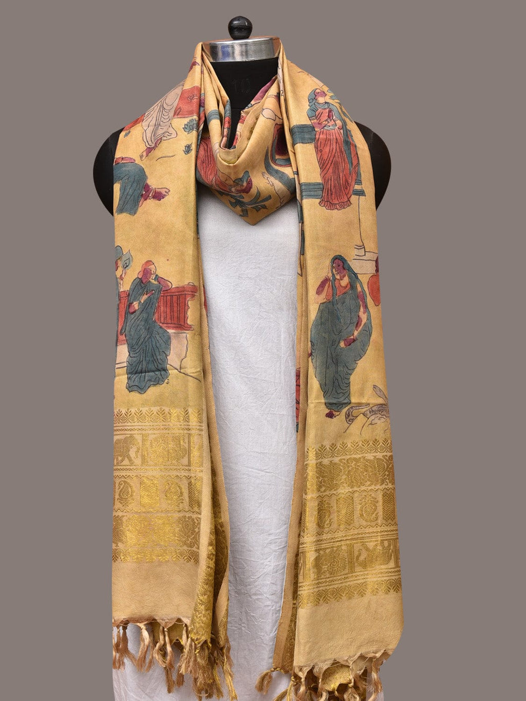 Yellow Kalamkari Hand Painted Kanchipuram Silk Handloom Dupatta with Painting Design - Global Threads