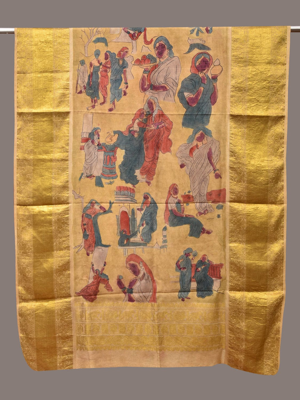 Yellow Kalamkari Hand Painted Kanchipuram Silk Handloom Dupatta with Painting Design - Global Threads