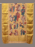 Yellow Kalamkari Hand Painted Kanchipuram Silk Handloom Dupatta with Painting Design - Global Threads