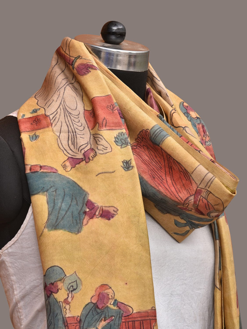 Yellow Kalamkari Hand Painted Kanchipuram Silk Handloom Dupatta with Painting Design - Global Threads