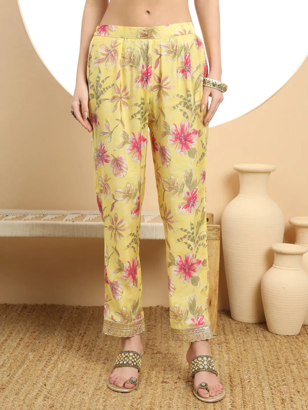 Yufta Yellow Printed Silk Embroidered Kurta Dupatta Set