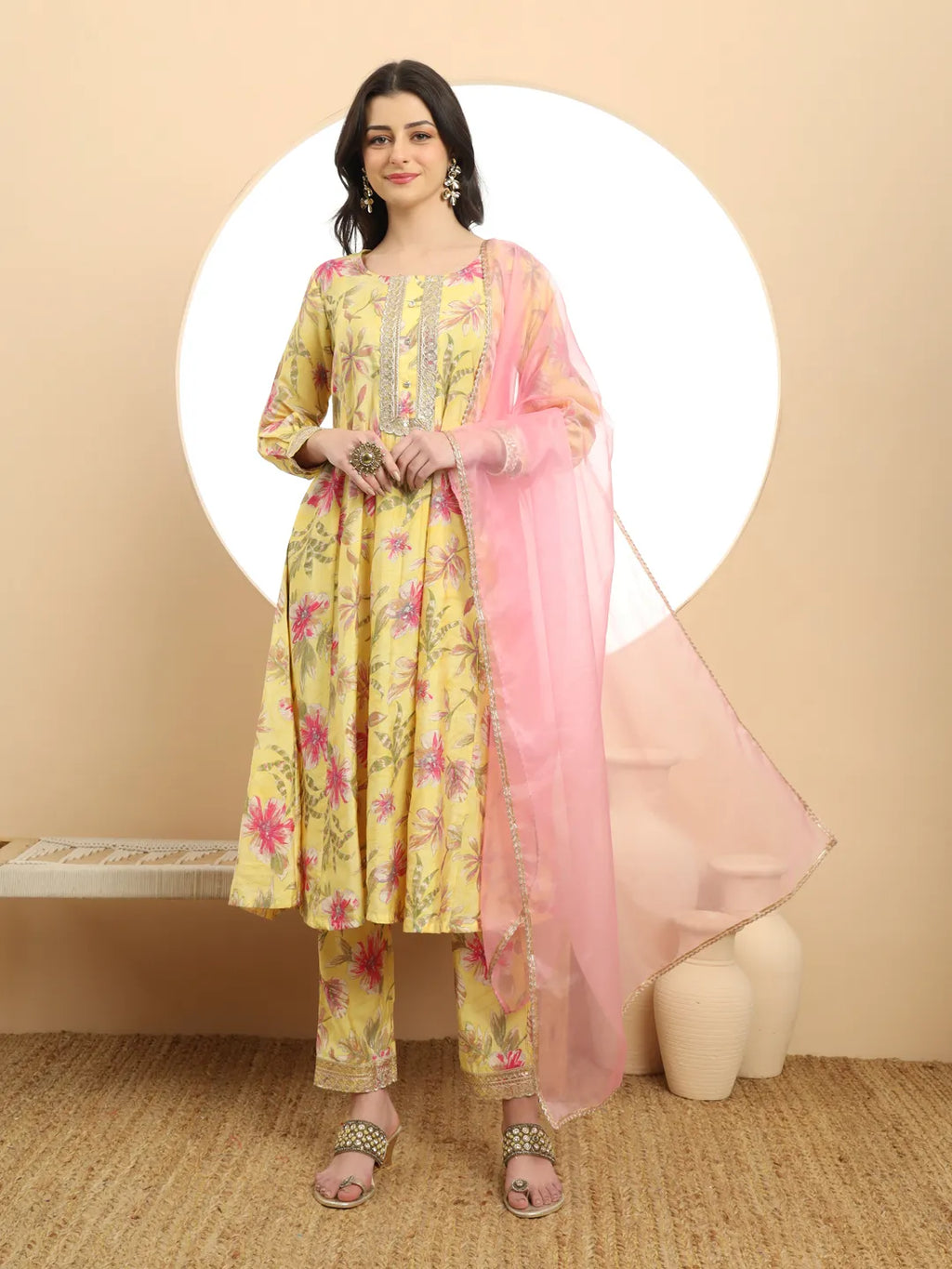 Yufta Yellow Printed Silk Embroidered Kurta Dupatta Set