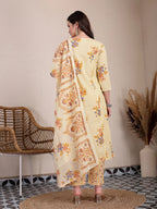 Yufta Yellow Pure Cotton A-Line Pleated Kurta Dupatta Pant Set - Distacart