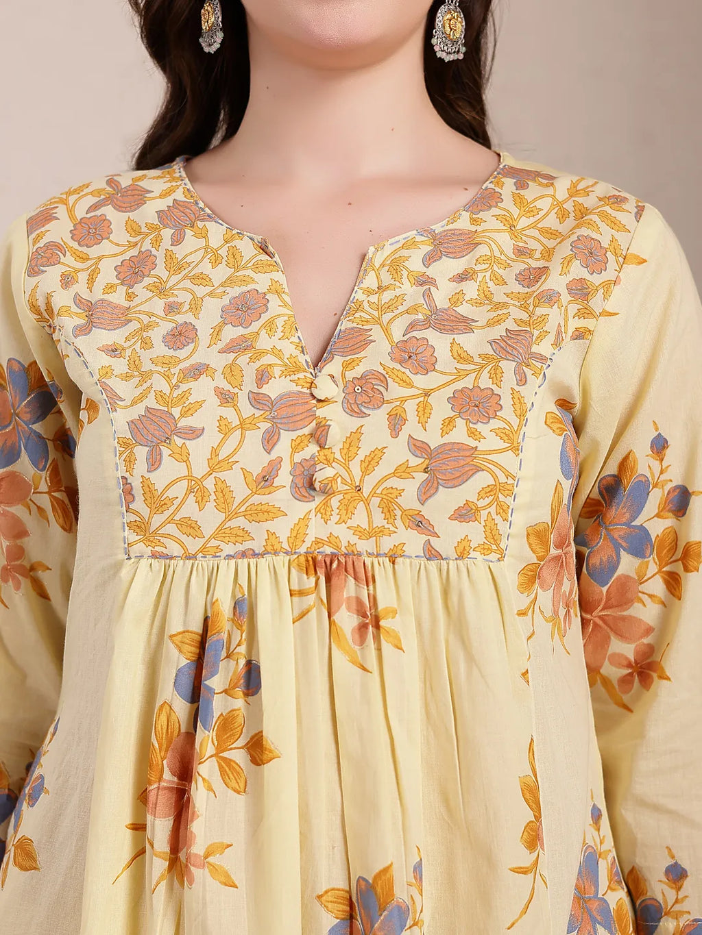 Yufta Yellow Pure Cotton A-Line Pleated Kurta Dupatta Pant Set - Distacart