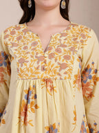 Yufta Yellow Pure Cotton A-Line Pleated Kurta Dupatta Pant Set - Distacart
