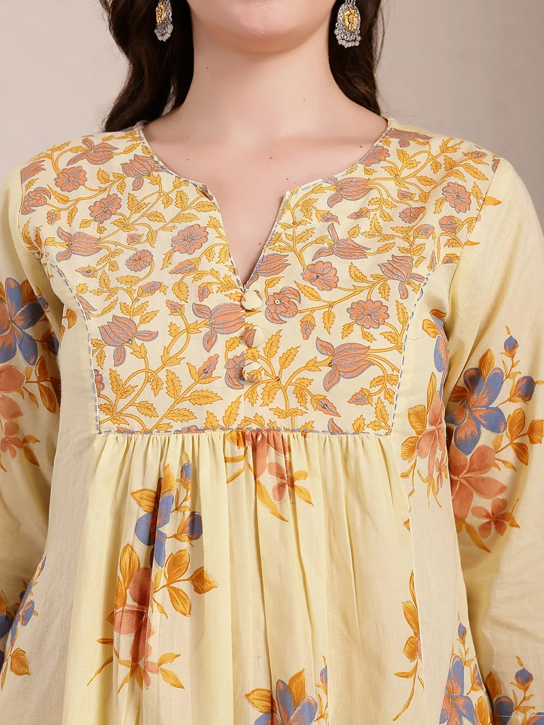 Yufta Yellow Pure Cotton A-Line Pleated Kurta Dupatta Pant Set - Distacart