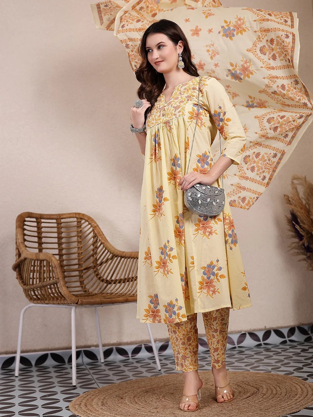 Yufta Yellow Pure Cotton A-Line Pleated Kurta Dupatta Pant Set - Distacart
