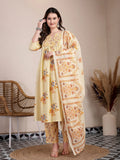 Yufta Yellow Pure Cotton A-Line Pleated Kurta Dupatta Pant Set - Distacart