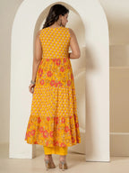 Yufta Yellow Pure Cotton Fit And Flare Tiered Kurta Trouser & Dupatta Set