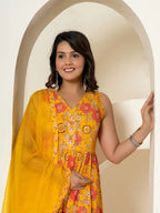 Yufta Yellow Pure Cotton Fit And Flare Tiered Kurta Trouser & Dupatta Set