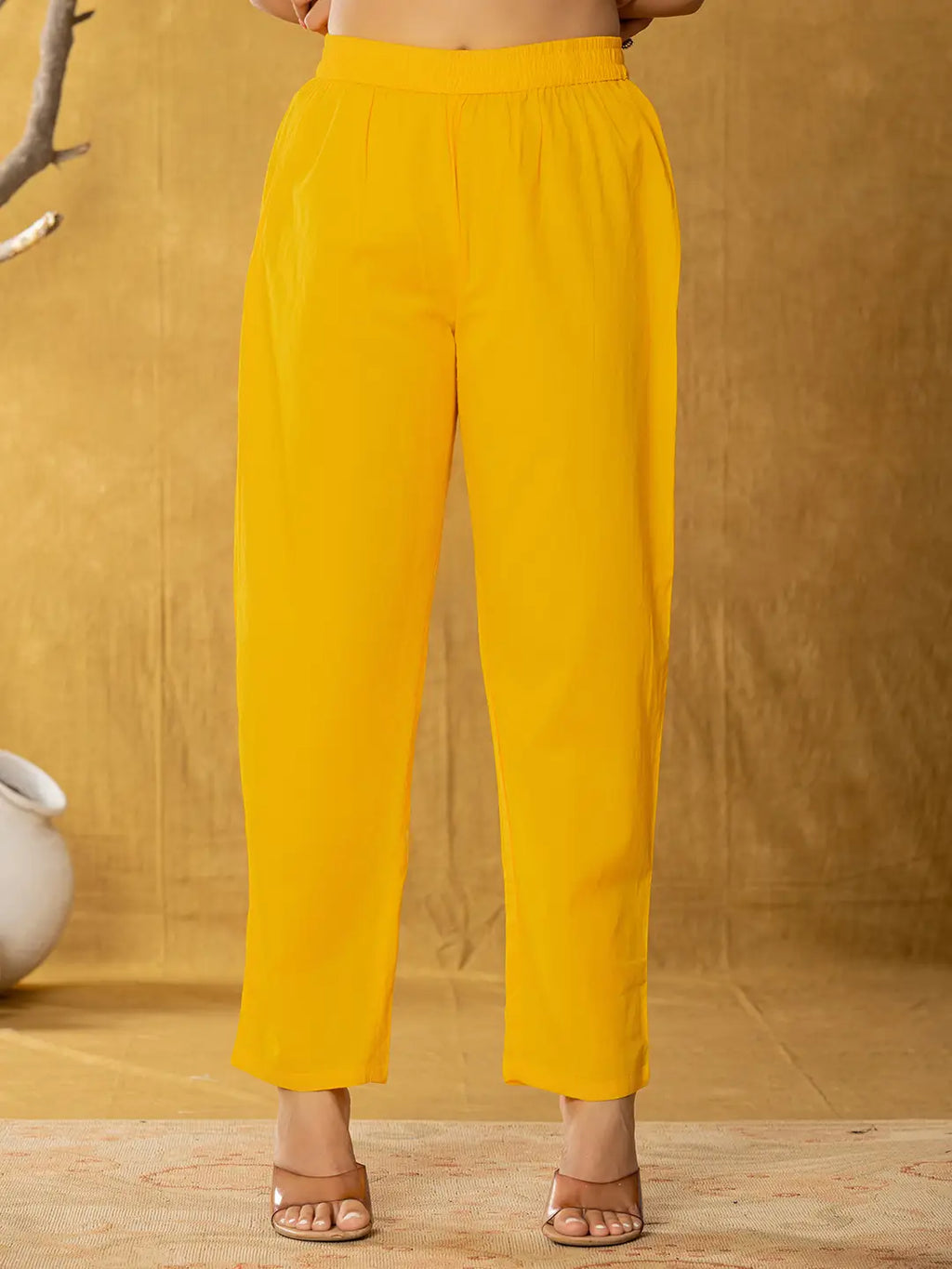 Yufta Yellow Pure Cotton Fit And Flare Tiered Kurta Trouser & Dupatta Set