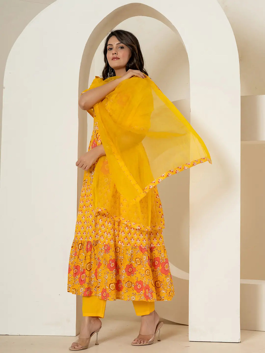 Yufta Yellow Pure Cotton Fit And Flare Tiered Kurta Trouser & Dupatta Set