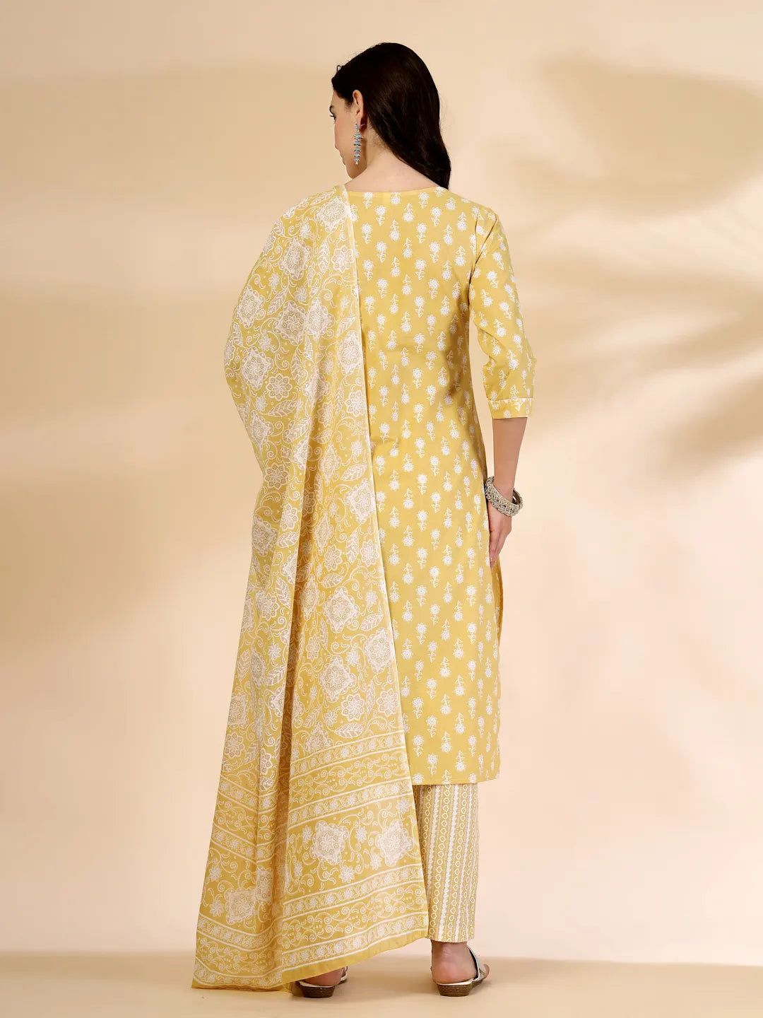Yufta Yellow Pure Cotton Floral Lace Work Kurta Dupatta Pant Set - Distacart