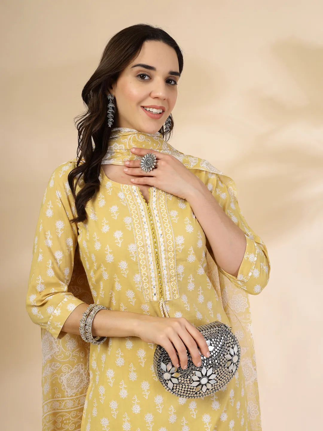 Yufta Yellow Pure Cotton Floral Lace Work Kurta Dupatta Pant Set - Distacart