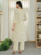 Yufta Yellow Pure Cotton Floral Print Kurta Dupatta Pant Set - Distacart