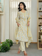 Yufta Yellow Pure Cotton Floral Print Kurta Dupatta Pant Set - Distacart