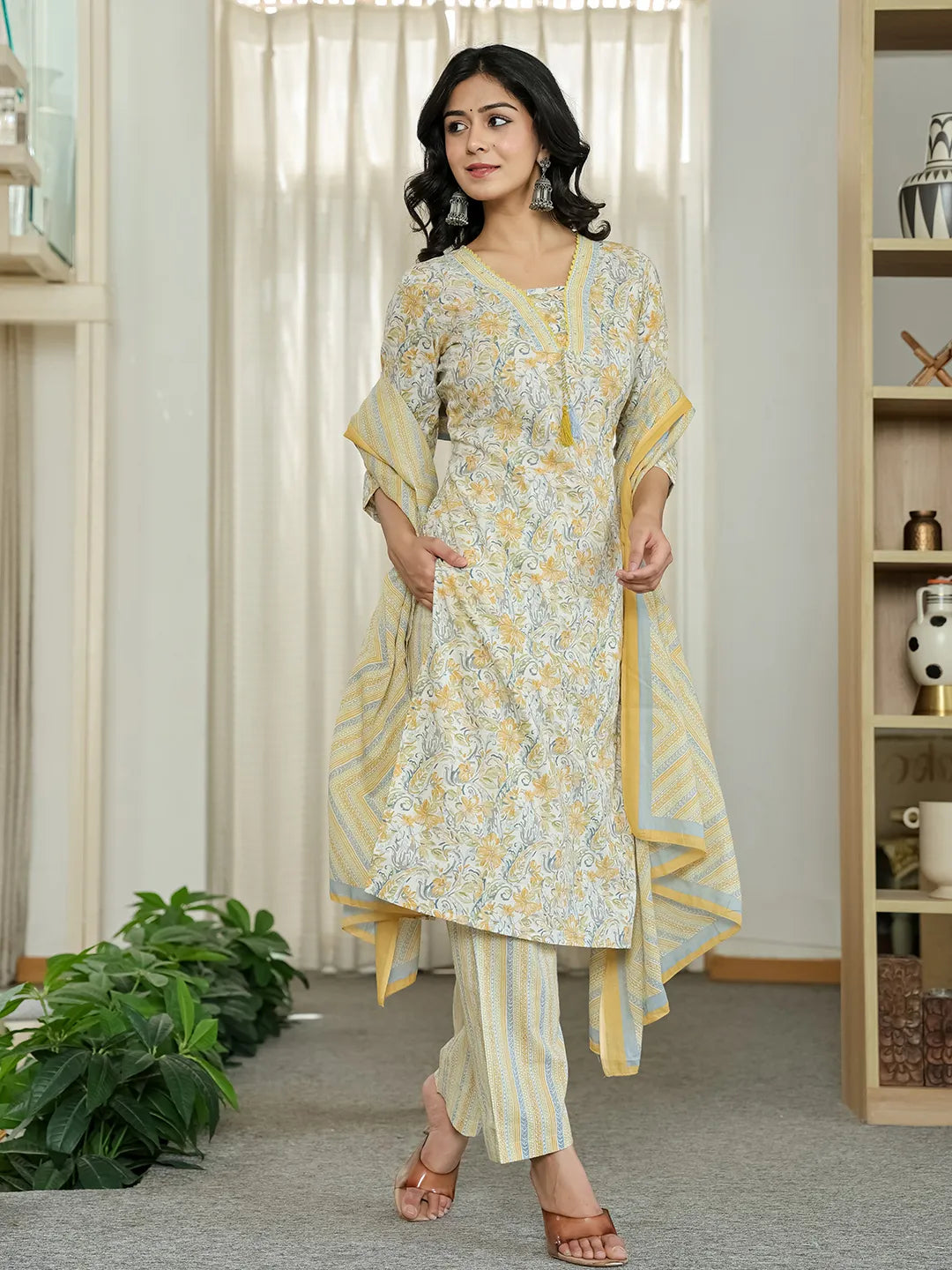 Yufta Yellow Pure Cotton Floral Print Kurta Dupatta Pant Set - Distacart