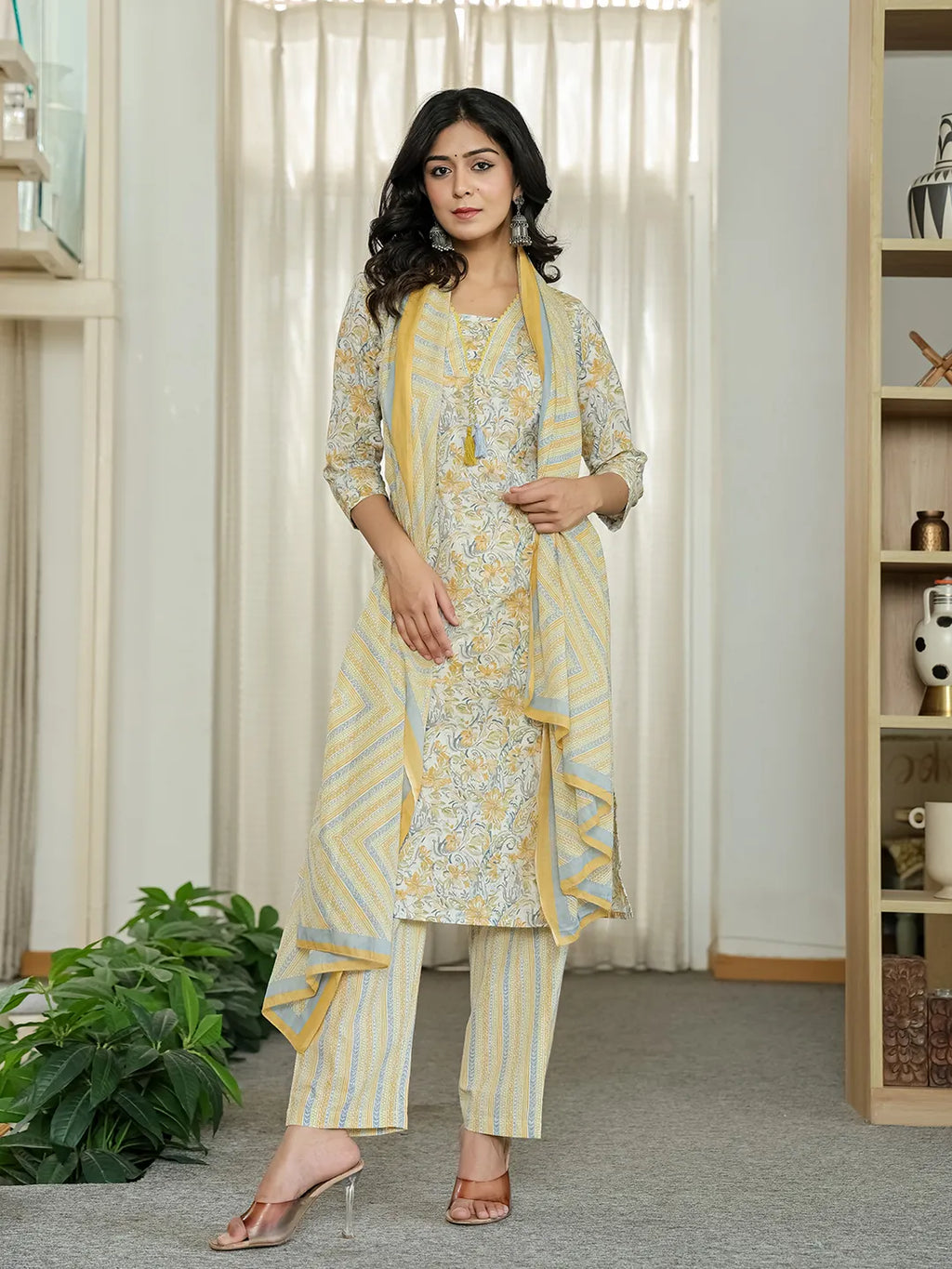 Yufta Yellow Pure Cotton Floral Print Kurta Dupatta Pant Set - Distacart