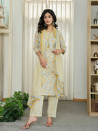 Yufta Yellow Pure Cotton Floral Print Kurta Dupatta Pant Set - Distacart
