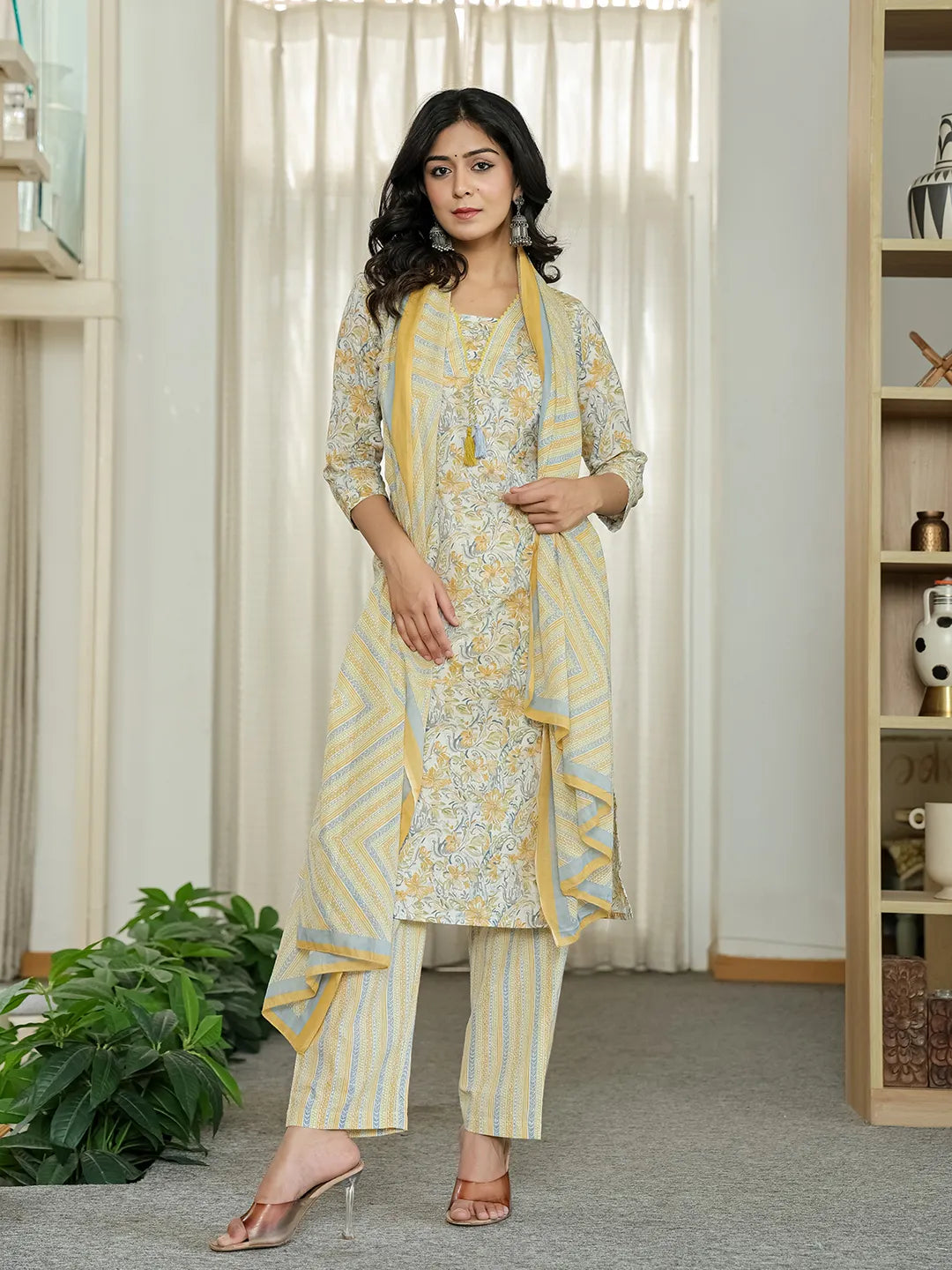 Yufta Yellow Pure Cotton Floral Print Kurta Dupatta Pant Set - Distacart
