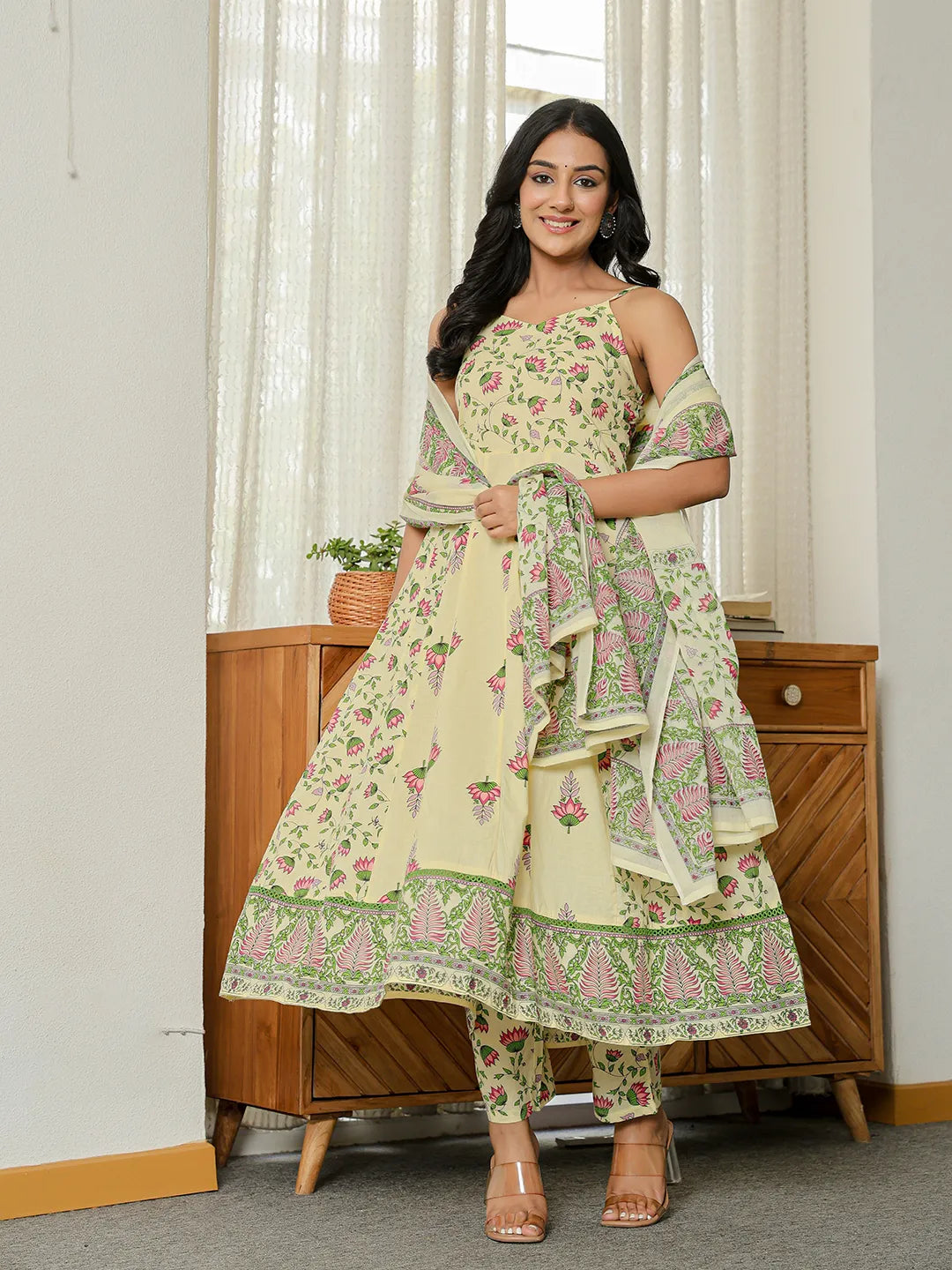 Yufta Yellow Pure Cotton Sleeveless Strappy Anarkali Kurta Dupatta Set
