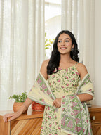 Yufta Yellow Pure Cotton Sleeveless Strappy Anarkali Kurta Dupatta Set