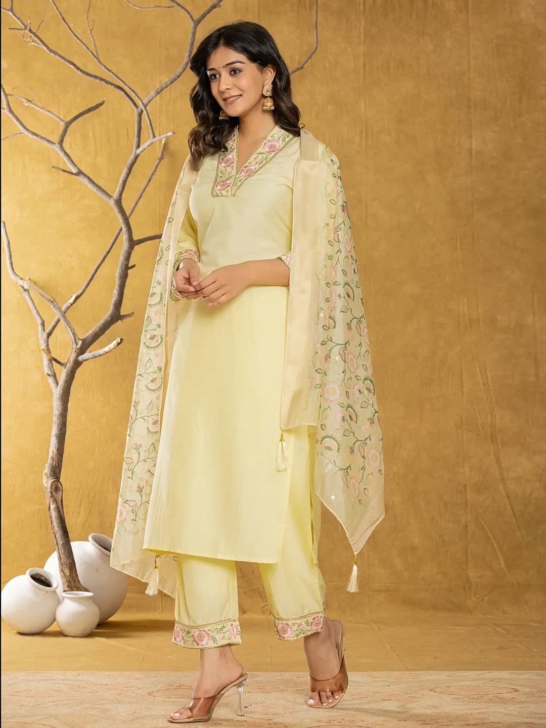 Yufta Yellow Silk Blend Pakistani Style Kurta Dupatta Set