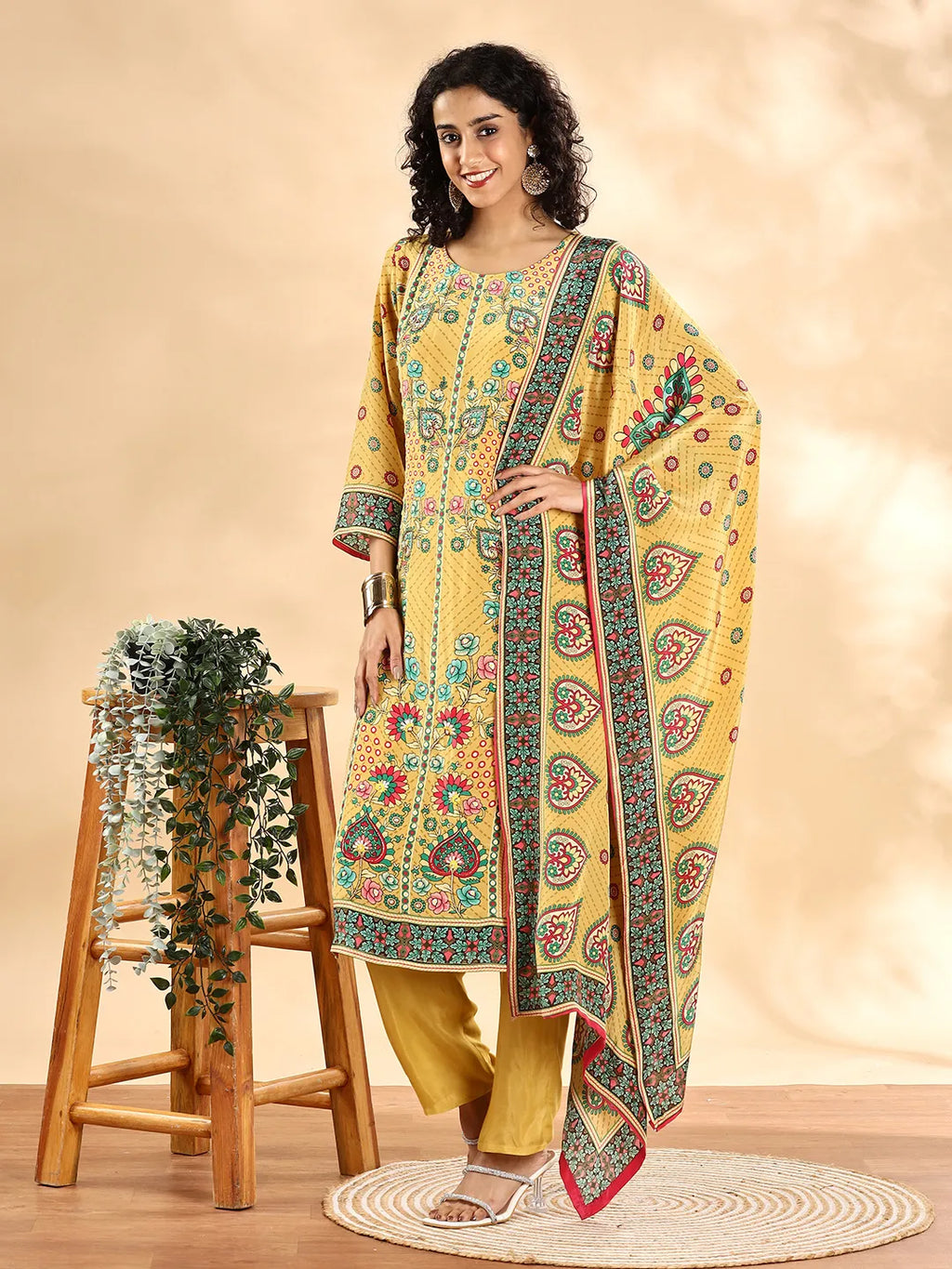 Yufta Yellow Silk Crepe Cutdana Work Straight Kurta Dupatta Pant Set - Distacart