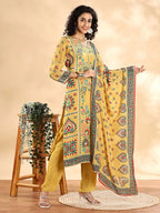 Yufta Yellow Silk Crepe Cutdana Work Straight Kurta Dupatta Pant Set - Distacart