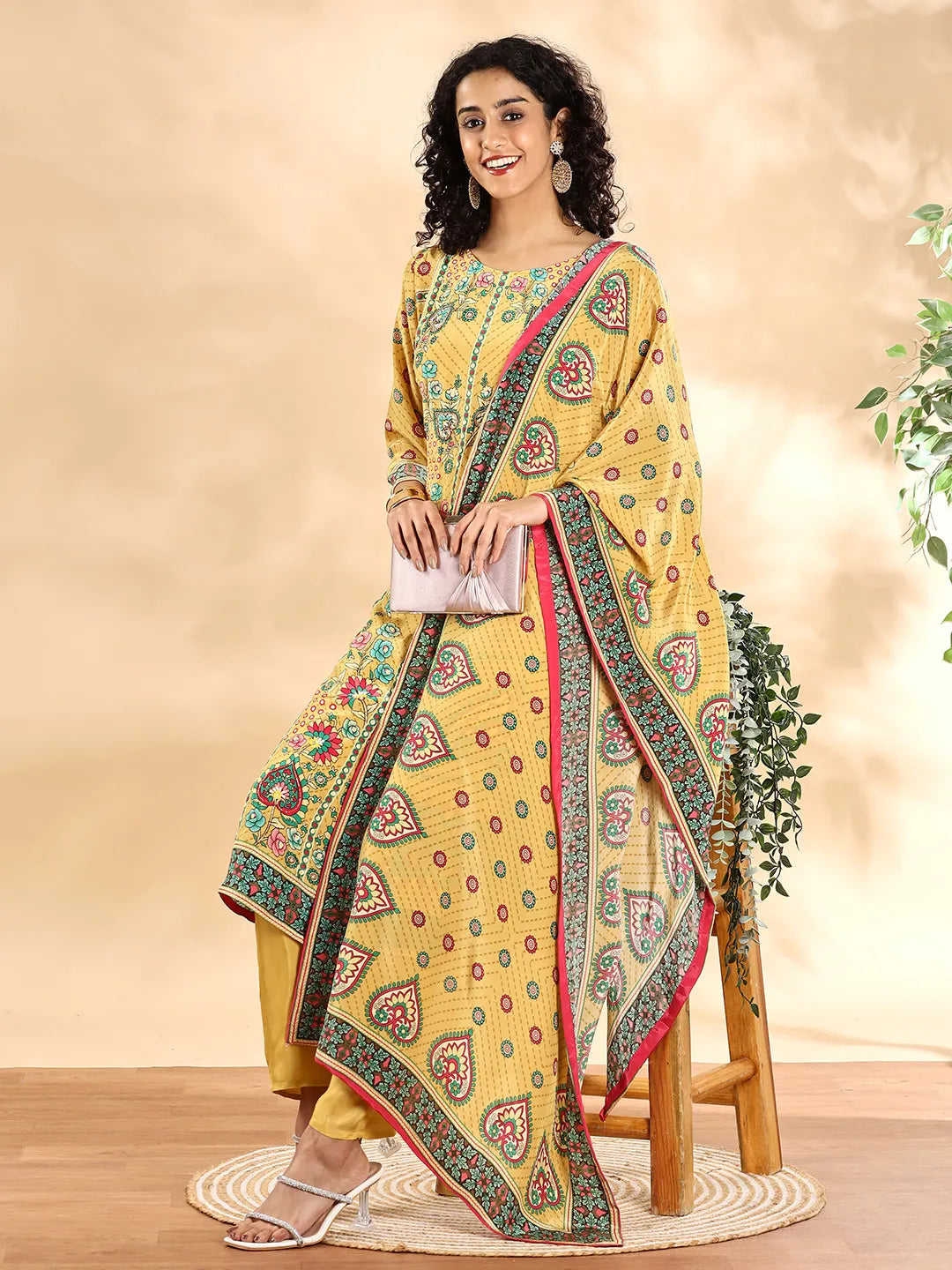 Yufta Yellow Silk Crepe Cutdana Work Straight Kurta Dupatta Pant Set - Distacart