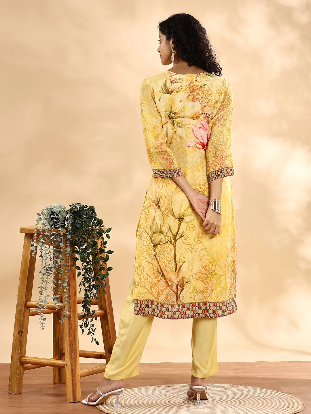 Yufta Yellow Silk Crepe Sequins Work Straight Kurta Dupatta Pant Set - Distacart