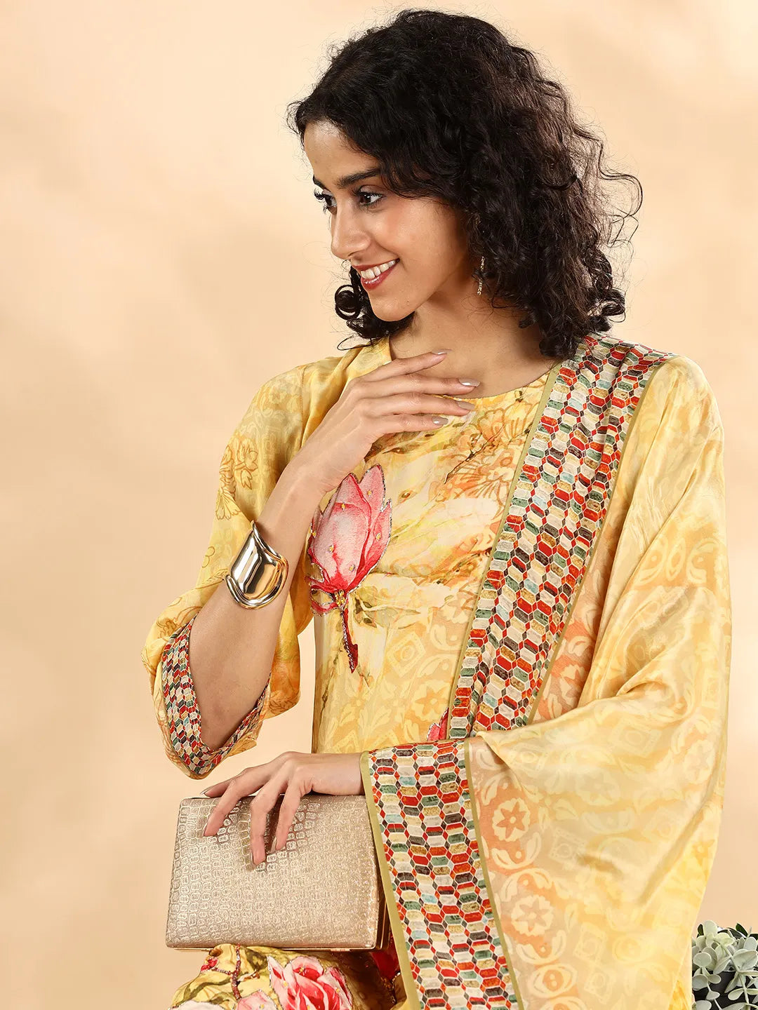 Yufta Yellow Silk Crepe Sequins Work Straight Kurta Dupatta Pant Set - Distacart