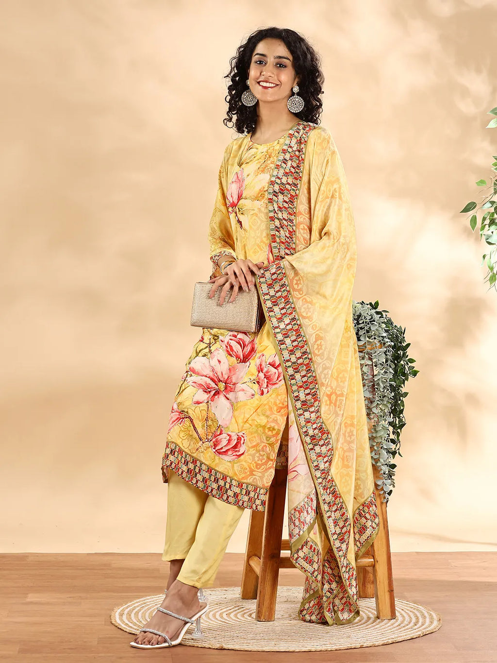 Yufta Yellow Silk Crepe Sequins Work Straight Kurta Dupatta Pant Set - Distacart