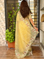 Evanik Leno Net Organza Embroidered Work Saree With Unstitched Blouse - Distacart