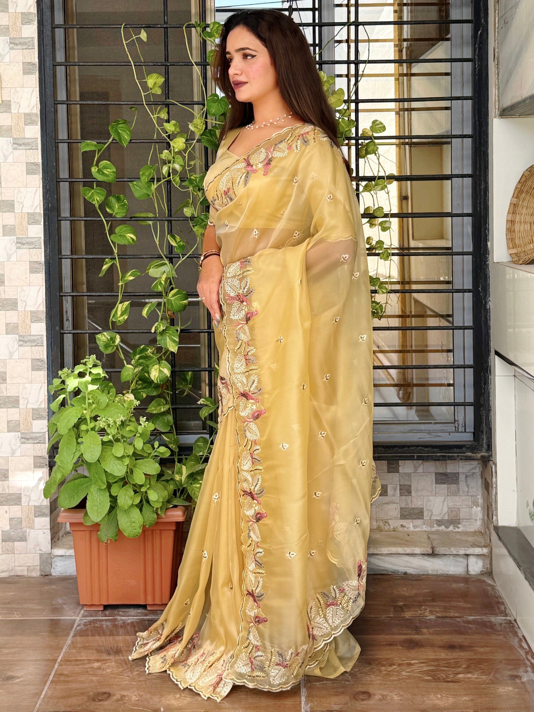 Evanik Leno Net Organza Embroidered Work Saree With Unstitched Blouse - Distacart
